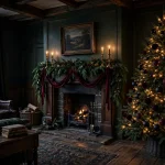 Moody dark Christmas living room with deep green garland, burgundy velvet ribbon, brass candlesticks and a tree with black and burgundy ornaments