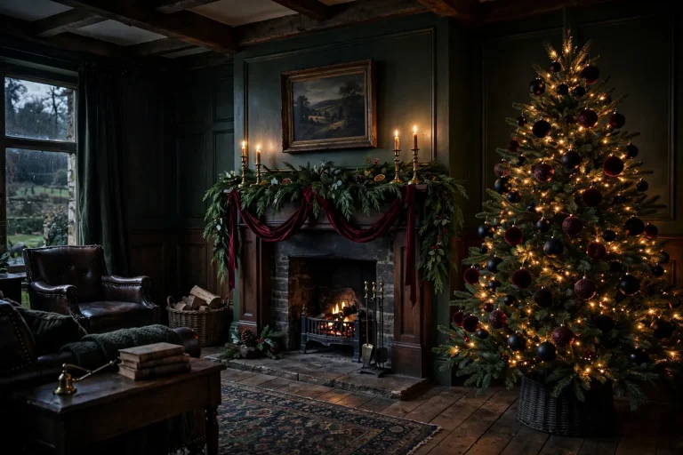 Moody dark Christmas living room with deep green garland, burgundy velvet ribbon, brass candlesticks and a tree with black and burgundy ornaments