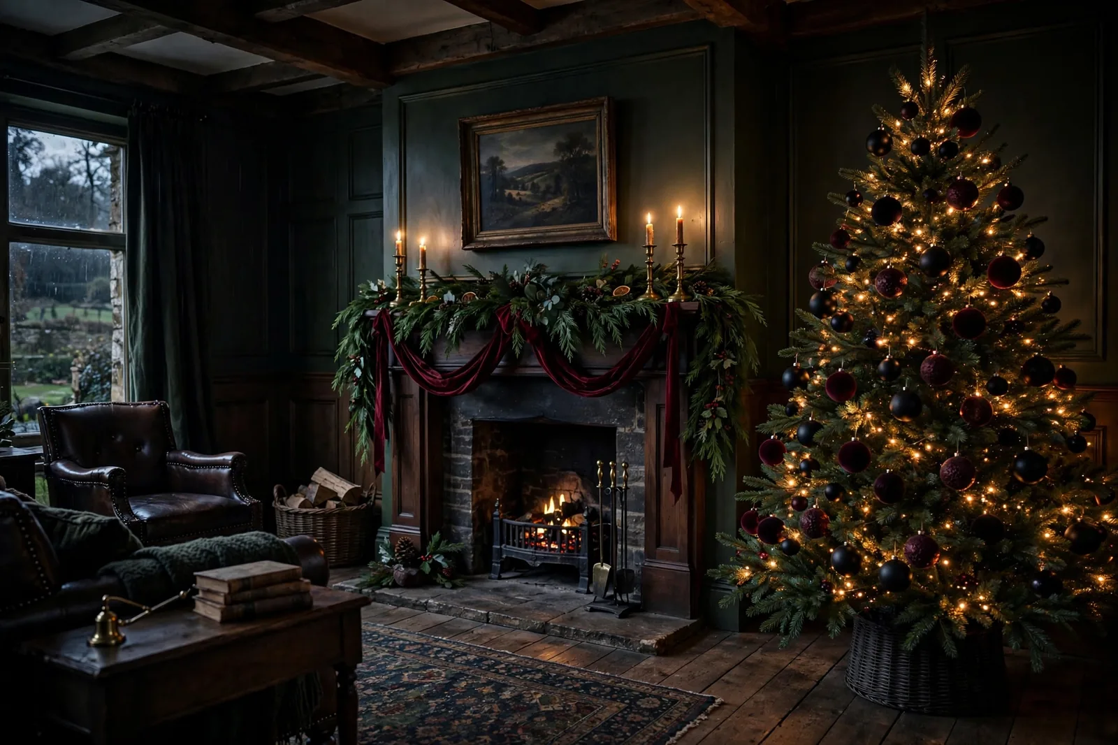 Moody dark Christmas living room with deep green garland, burgundy velvet ribbon, brass candlesticks and a tree with black and burgundy ornaments