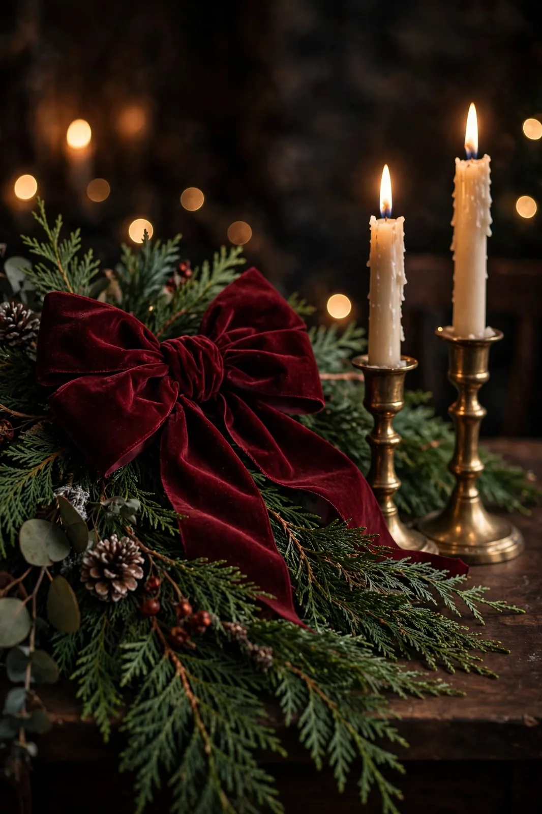 20 Dark Christmas Decor Ideas for a Moody Holiday Home 2 Moody dark Christmas vignette with burgundy velvet bow, cedar garland and brass candlesticks glowing in candlelight