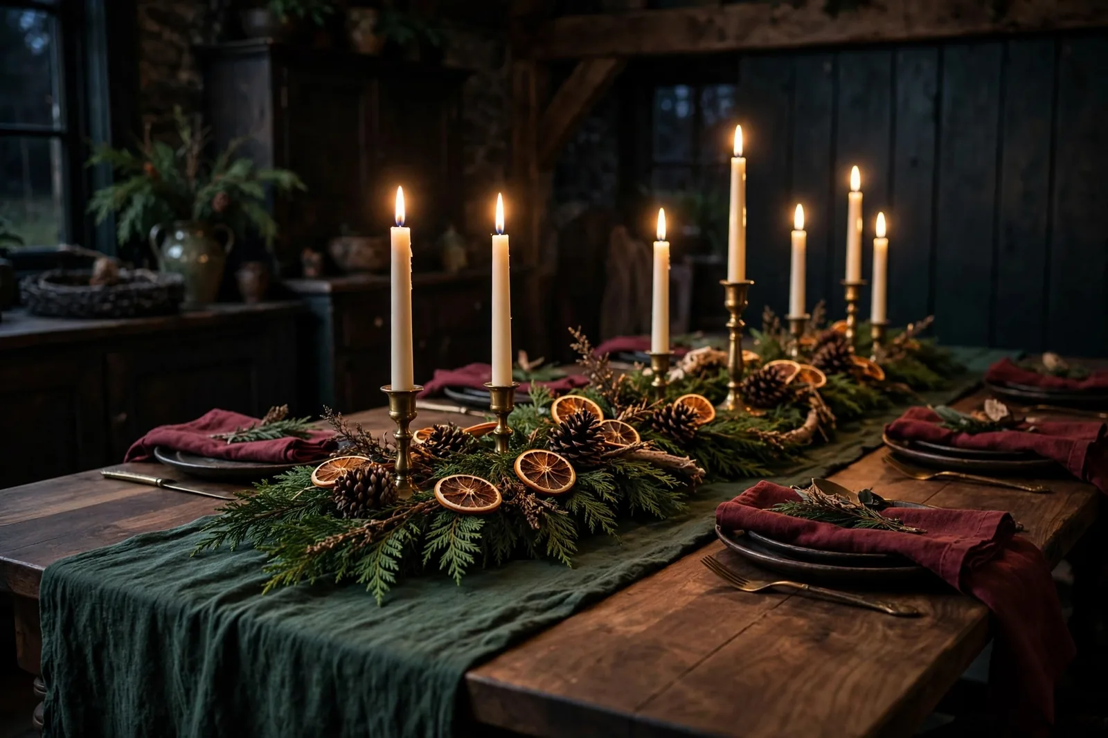 20 Dark Christmas Decor Ideas for a Moody Holiday Home 4 Dark Christmas tablescape with deep green runner, brass candlesticks, taper candles and low cedar garland on a walnut table