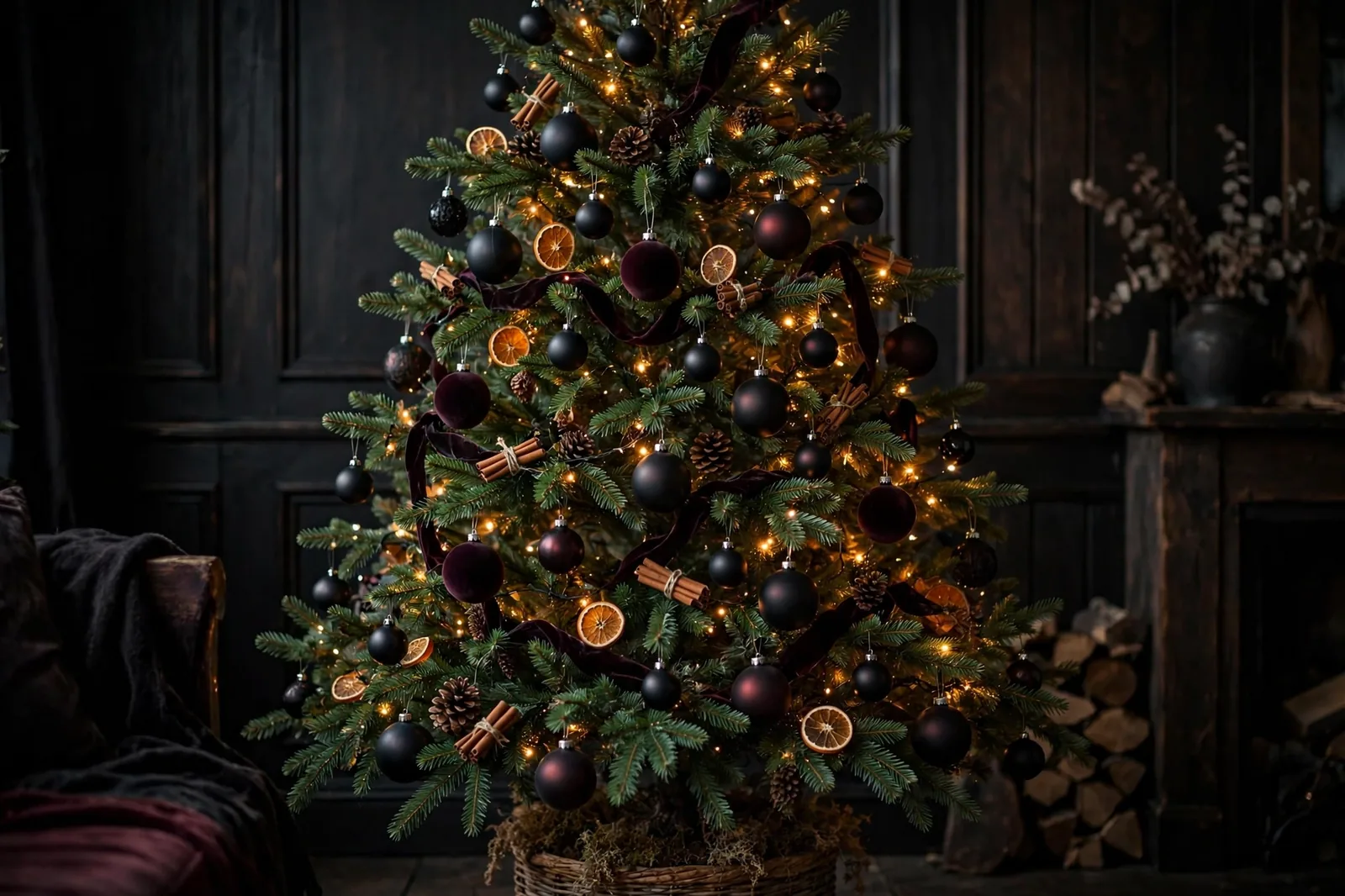 20 Dark Christmas Decor Ideas for a Moody Holiday Home 3 Moody Christmas tree with matte black and burgundy ornaments, dried oranges, cinnamon bundles and warm amber lights