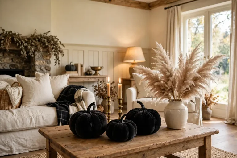 Elegant Halloween living room with black velvet pumpkins, brass candlesticks and cream decor