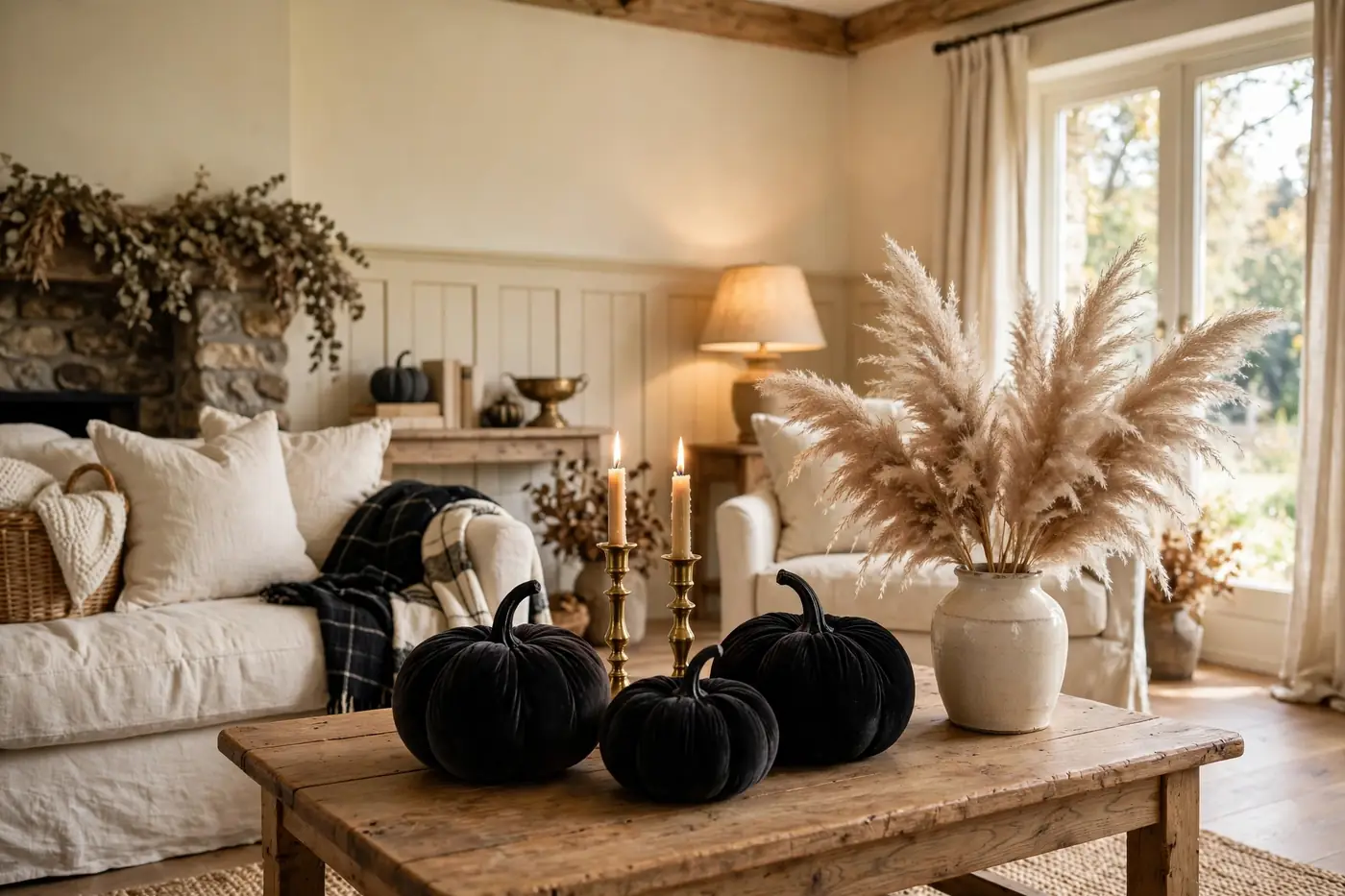 Elegant Halloween living room with black velvet pumpkins, brass candlesticks and cream decor