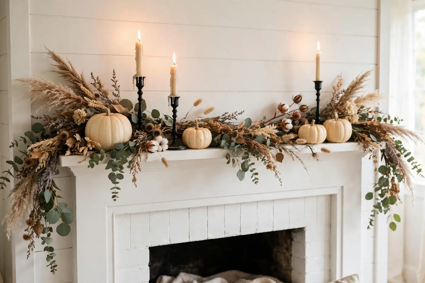21 Elegant Halloween Decor Ideas for a Spooky-Chic Home 3 Elegant Halloween mantel with black candlesticks, cream pumpkins and dried florals