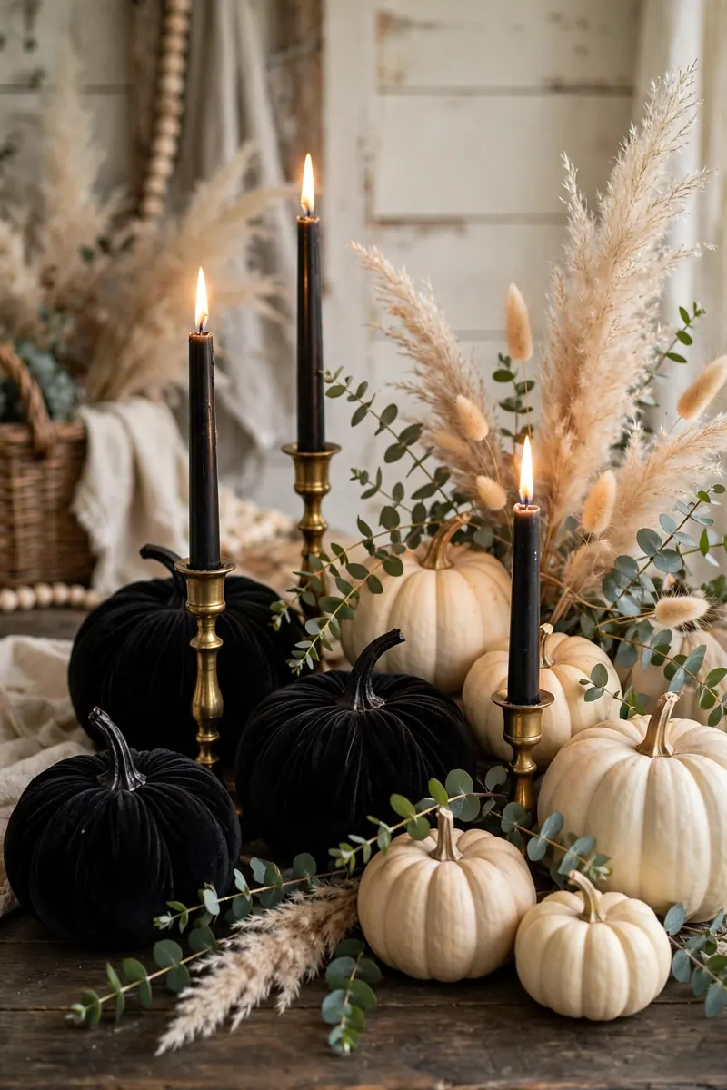 21 Elegant Halloween Decor Ideas for a Spooky-Chic Home 2 Elegant Halloween vignette with black velvet pumpkins, cream pumpkins and black taper candles in brass holders