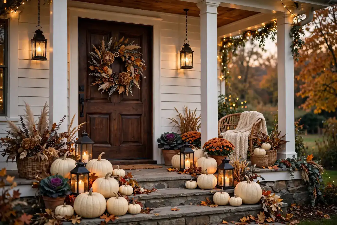 21 Elegant Halloween Decor Ideas for a Spooky-Chic Home 5 Elegant Halloween porch with lanterns, cream pumpkins and a dried wreath