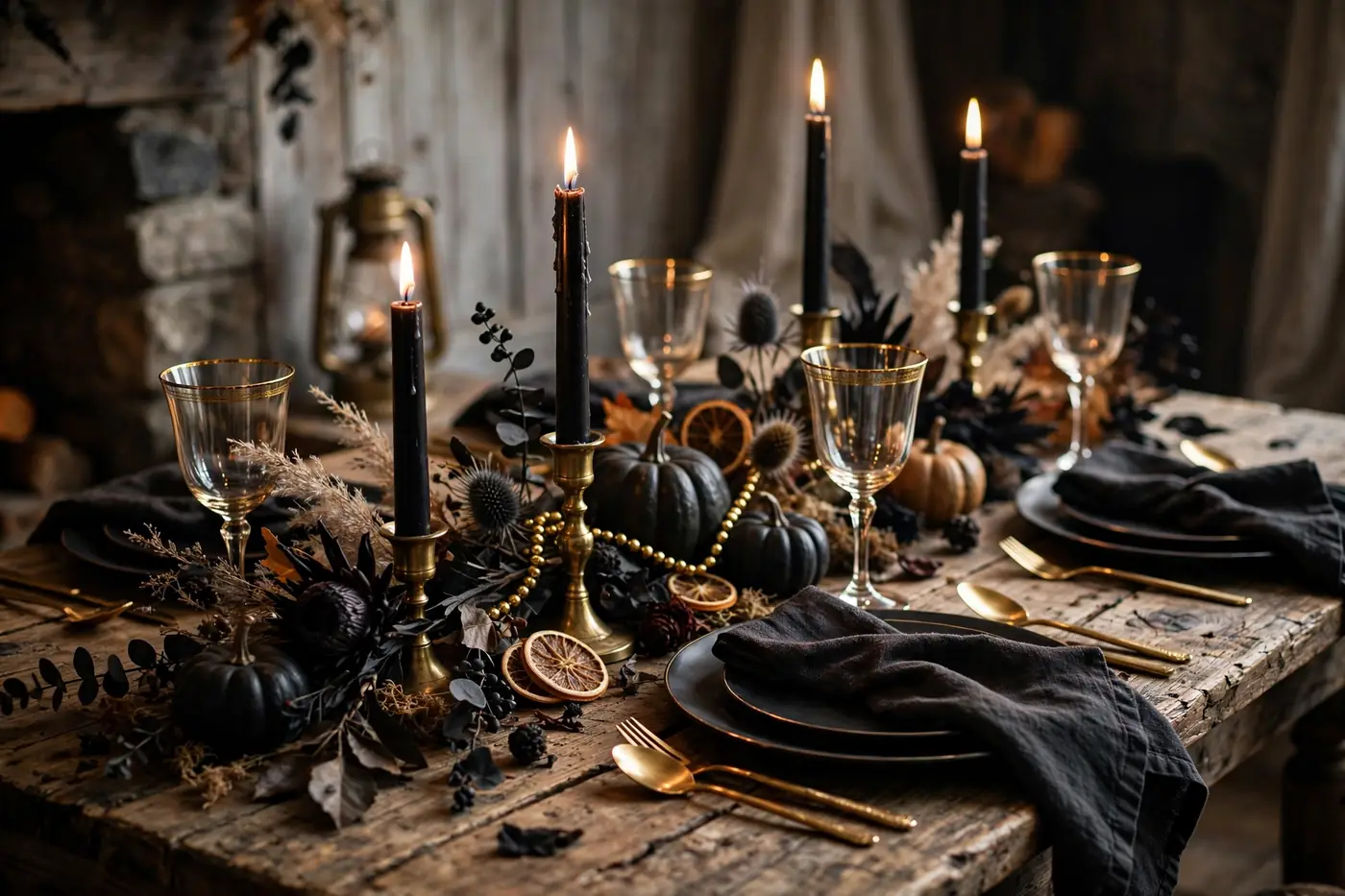 21 Elegant Halloween Decor Ideas for a Spooky-Chic Home 4 Spooky-chic Halloween tablescape with black taper candles and gold accents