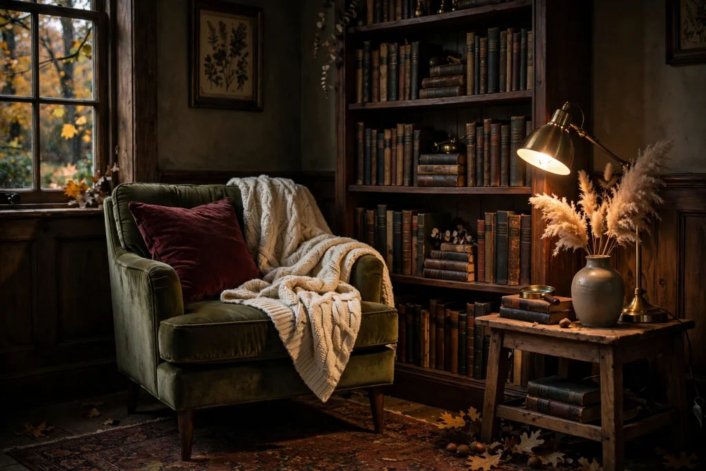 Cozy fall reading corner with olive velvet armchair and chunky knit throw