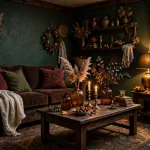 Moody fall living room with chocolate brown velvet sofa, burgundy pillows and warm lamplight