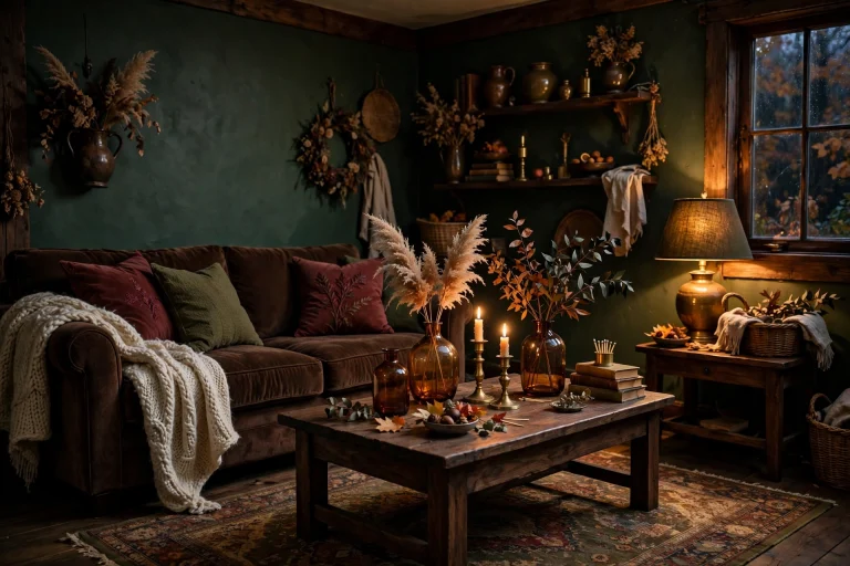 Moody fall living room with chocolate brown velvet sofa, burgundy pillows and warm lamplight