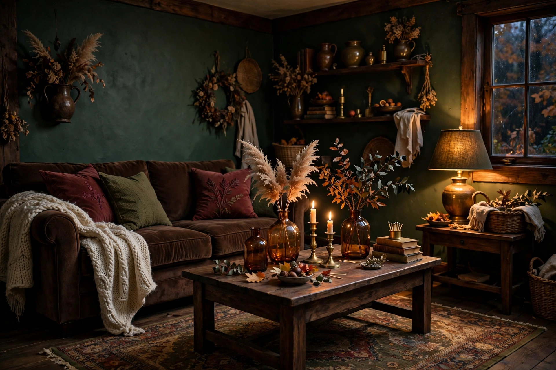 Moody fall living room with chocolate brown velvet sofa, burgundy pillows and warm lamplight