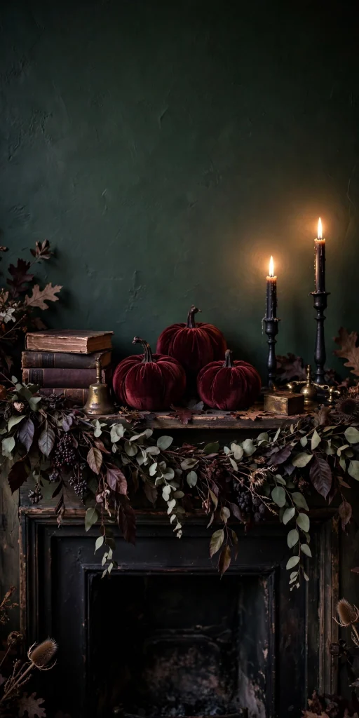 Moody fall mantel with burgundy velvet pumpkins, black candlesticks and dried eucalyptus garland