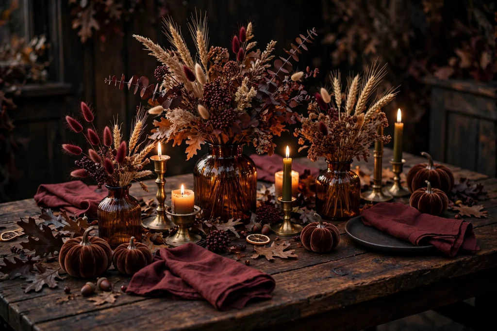 Moody fall tablescape with amber glass vases, burgundy napkins and brass candlesticks