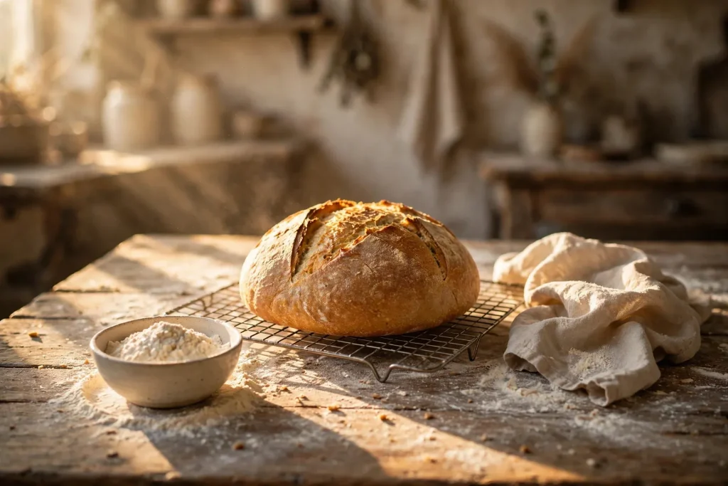 The Slow Home: What a Year of Slow Homemaking Taught Me 3 Freshly baked round loaf of bread cooling on a wire rack on a flour-dusted wooden table in warm afternoon light