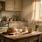 Quiet country kitchen at sunrise with a steaming kettle, fresh rustic bread on a wooden board and two stoneware mugs on an old table
