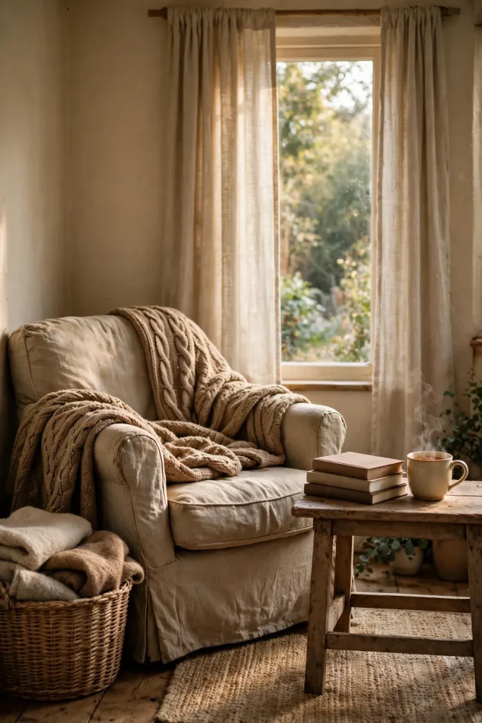 The Slow Home: What a Year of Slow Homemaking Taught Me 2 Cozy cottage reading corner with a linen armchair, chunky knit throw, stack of books and steaming tea by a tall window
