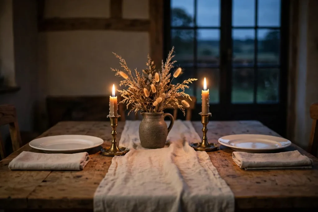 The Slow Home: What a Year of Slow Homemaking Taught Me 4 Simply set dining table at dusk with a linen runner, lit brass candlesticks and a stoneware jug of dried grasses