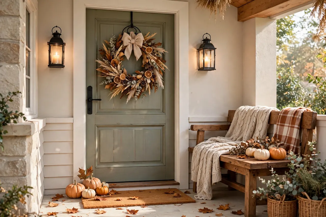 18 Cozy Thanksgiving Decor Ideas for a Warm Gathering 4 Cozy Thanksgiving entryway with dried wreath and lanterns