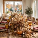 Cozy Thanksgiving table setting with warm candlelight and autumn decor