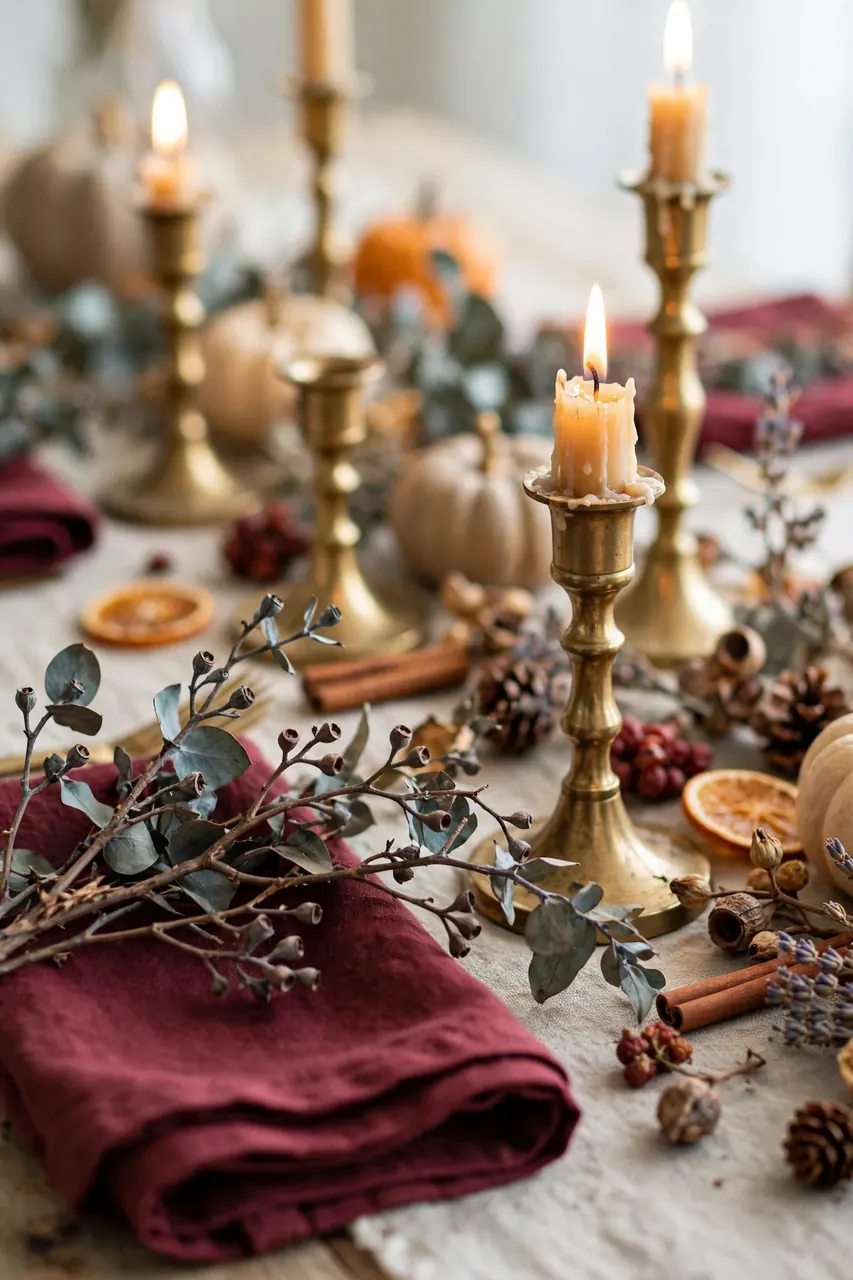 18 Cozy Thanksgiving Decor Ideas for a Warm Gathering 2 Cozy Thanksgiving tablescape with burgundy napkins, brass candlesticks and dried eucalyptus