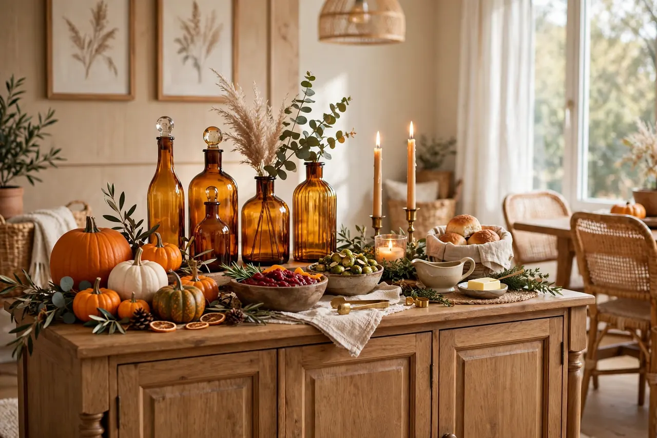 18 Cozy Thanksgiving Decor Ideas for a Warm Gathering 3 Thanksgiving sideboard styled with pumpkins, amber bottles and candles